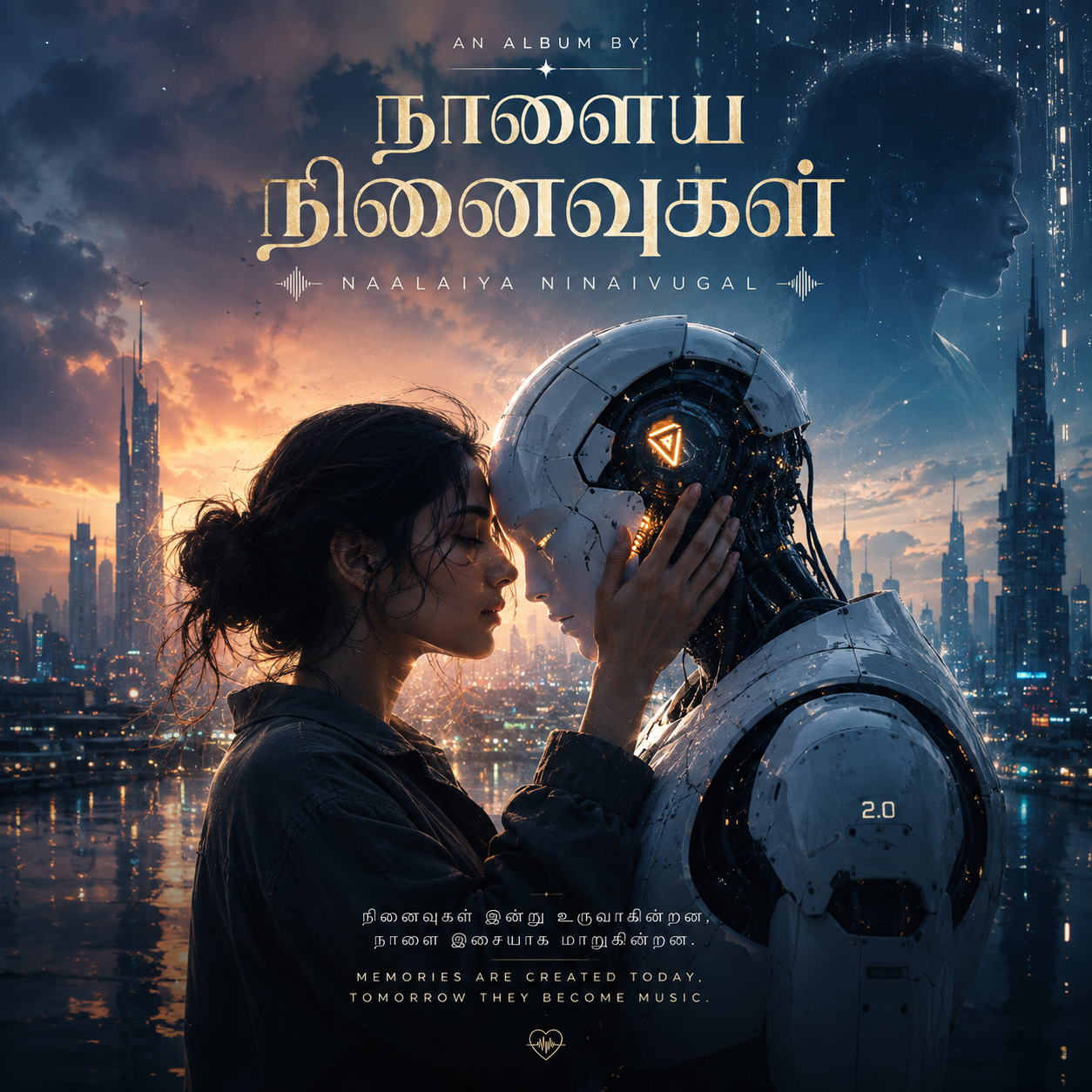நாளைய நினைவுகள் album artwork — a woman and a humanoid robot forehead to forehead above a neon futuristic skyline
