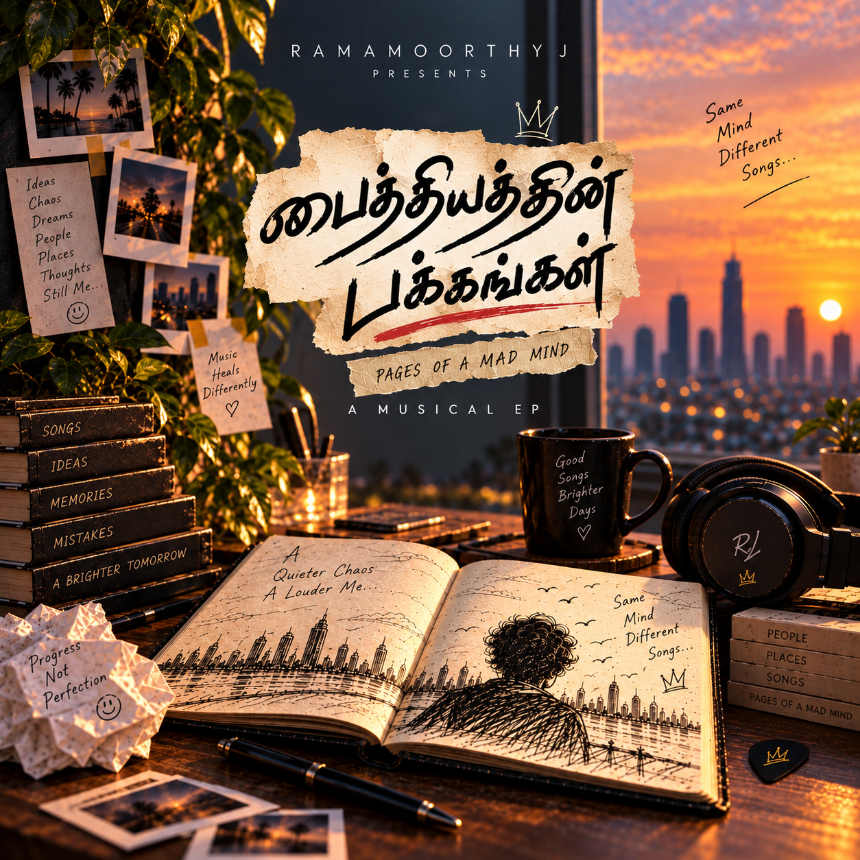 பைத்தியத்தின் பக்கங்கள் album artwork — an open sketchbook, headphones and coffee on a desk by a window at sunset